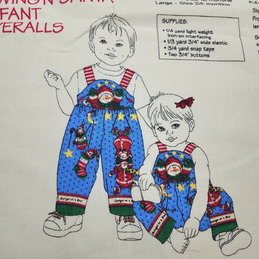 Vtg Daisy Kingdom Baby Overalls Christmas Cut & Sew Fabric Panel 6/12/24 Mos